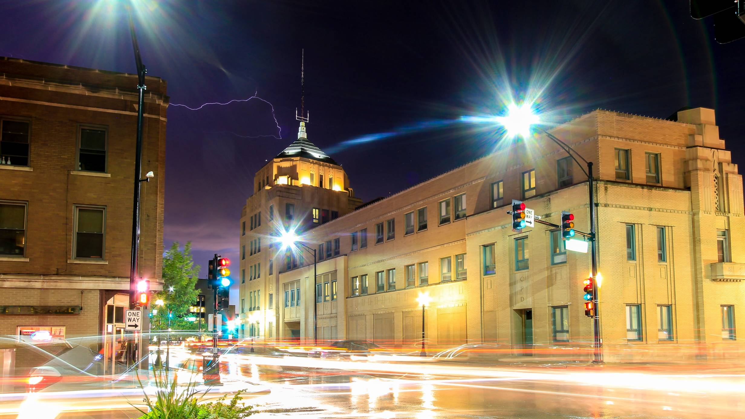 Lightning over the City of Champaign building