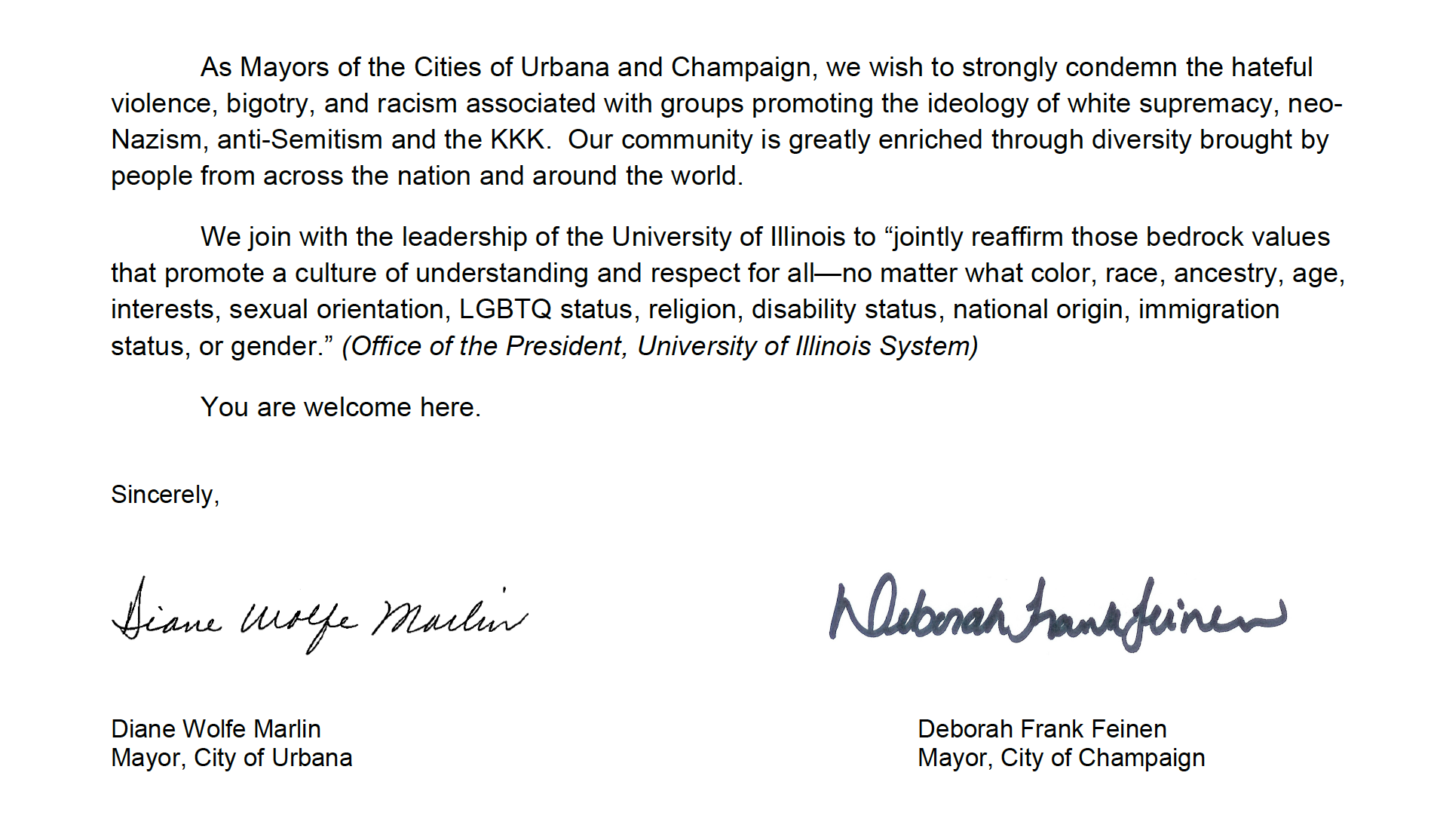 Mayors of Champaign and Urbana release joint statement denouncing hatred