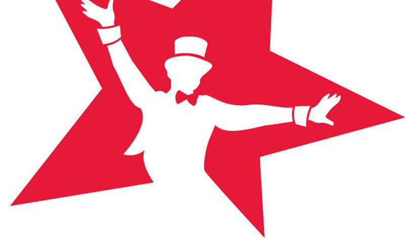 Image of a red star and an outline of a man dancing in a tophat in white