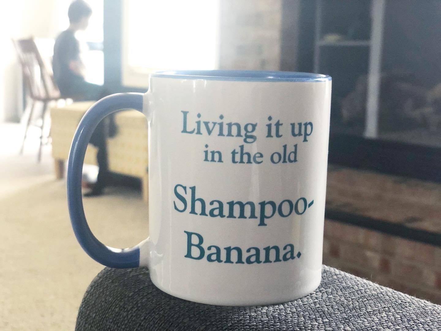 A coffee mug reading "Living it up in the old Shampoo-Banana" sits on the edge of a gray upholstered chair in the author's living room. Photo by Alyssa Buckley.