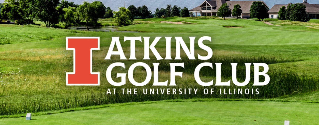 Screenshot of Atkins Golf Club logo. Green golf course is pictured behind white text with the orange University of Illinois Block I. 