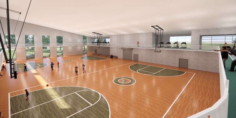 An illustration of a full size indoor basketball court with a raised walking track around it.