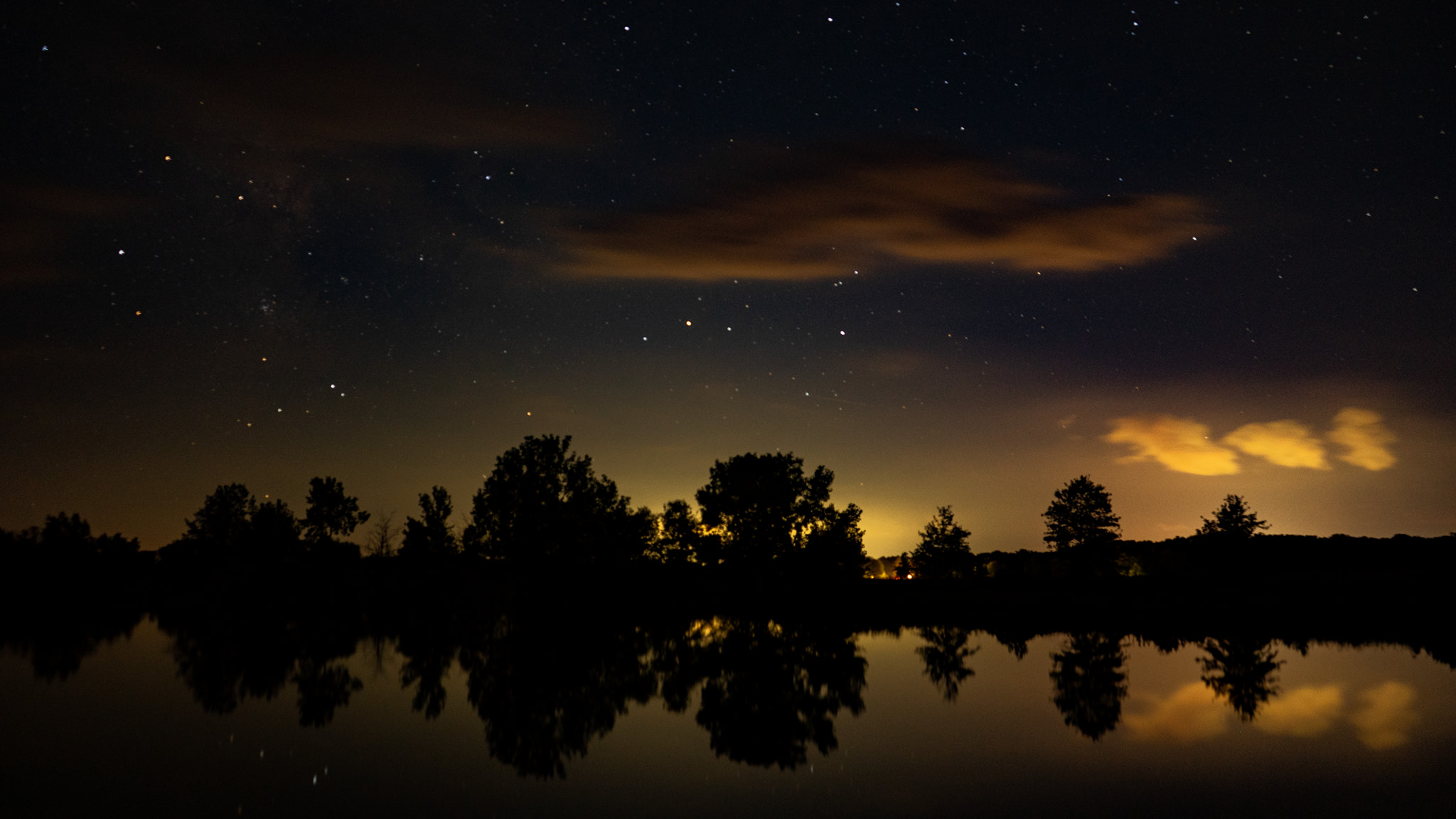 A night sky with trees in the distance
