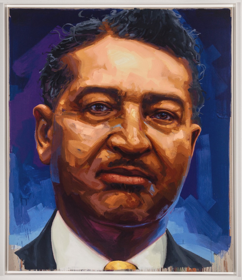 Portrait of Albert R. Lee. His face is fills most of the frame, and is various shades of brown. He has short black curly hair with strands of gray. The background has brush strokes of deep shades of blue. Image provided by Patrick Earl Hammie.