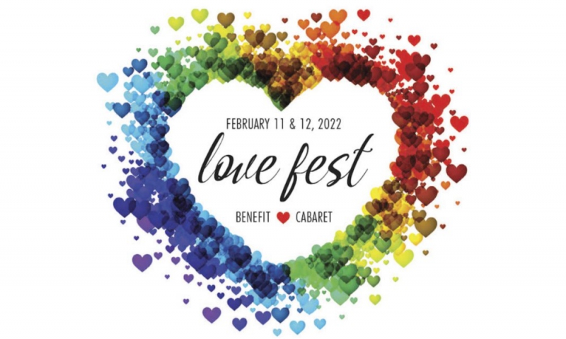 A graphic featuring a heart shape made from smaller hearts in all the colors of the rainbow. In the center, it says Love Fest in script. Image from Uniting Pride Facebook page. 