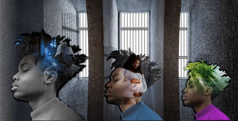 Digital tryptic image showing 3 Black faces in profile in front of barred prison windows.