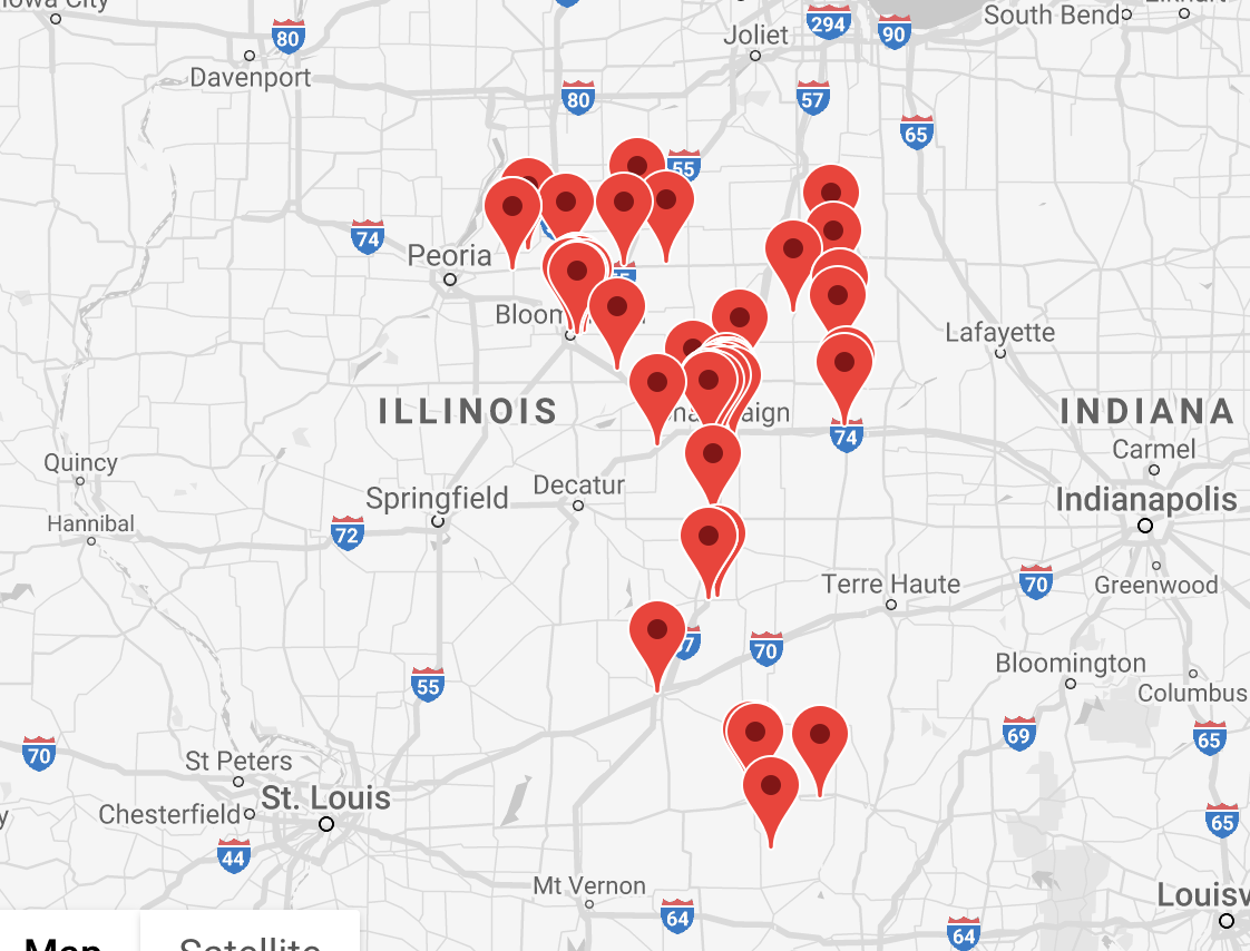 A screenshot of call Carle locations in Illinois. Screenshot from the Carle website. 
