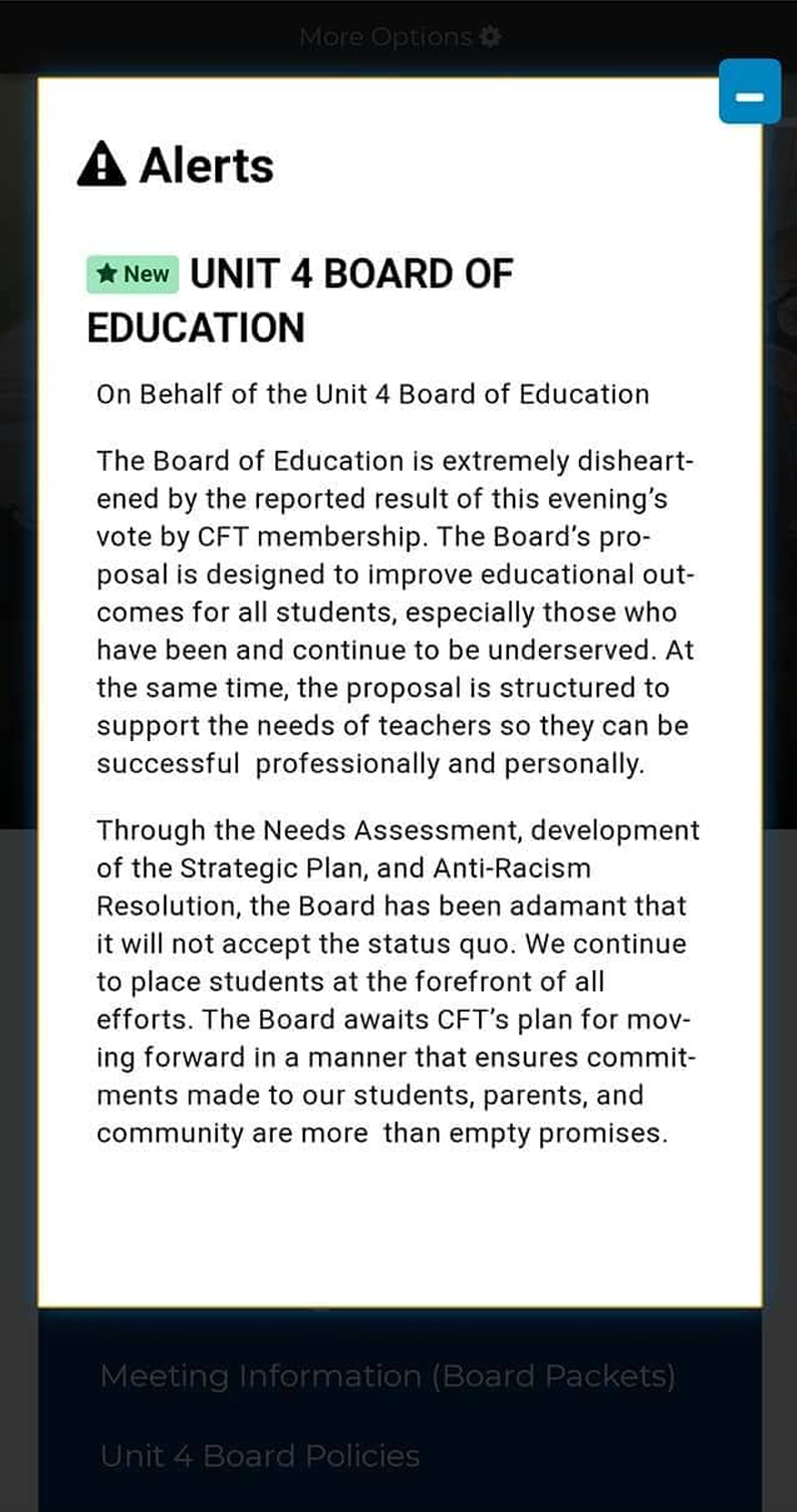 Screenshot of an alert from the Board of Education about the CFT vote to authorize a strike. Screenshot from Unit 4 website. 