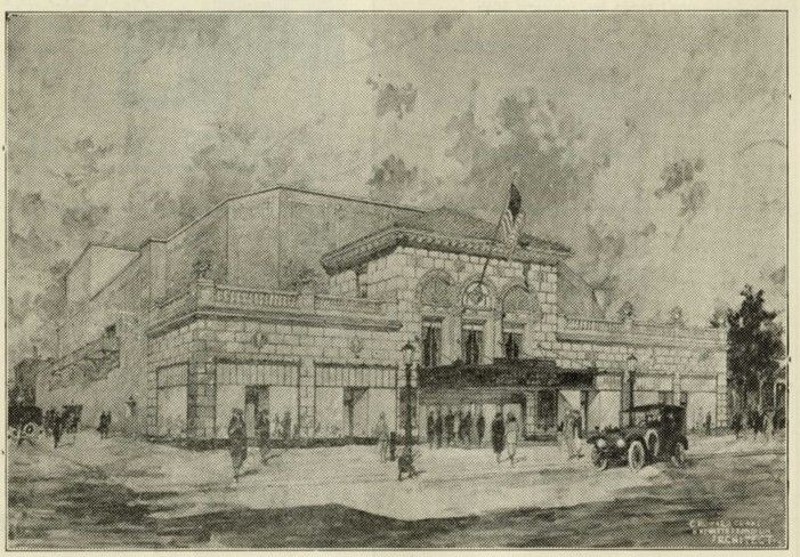 An architectâ€™s drawing of the proposed Virginia Theatre. The sketch is of a two story brick building with a marquee out front. A model T car is parked in front, and people are milling about in front. Image from the Champaign County History Museum.