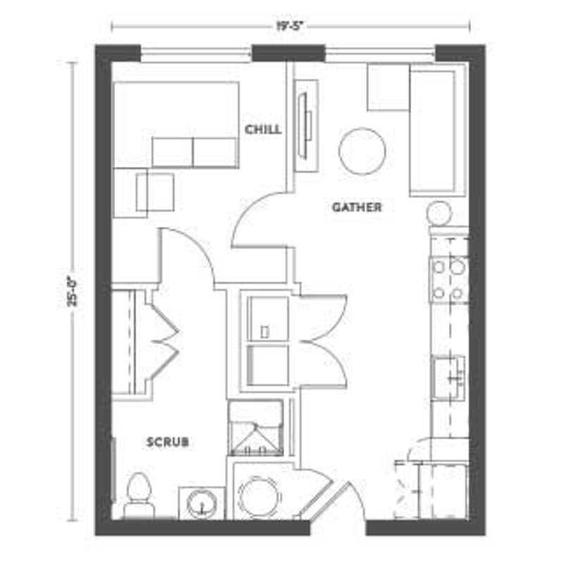A floor plan of an apartment. The words GATHER, CHILL, and SCRUB are used to label different parts of the space. Screenshot from Gather website.