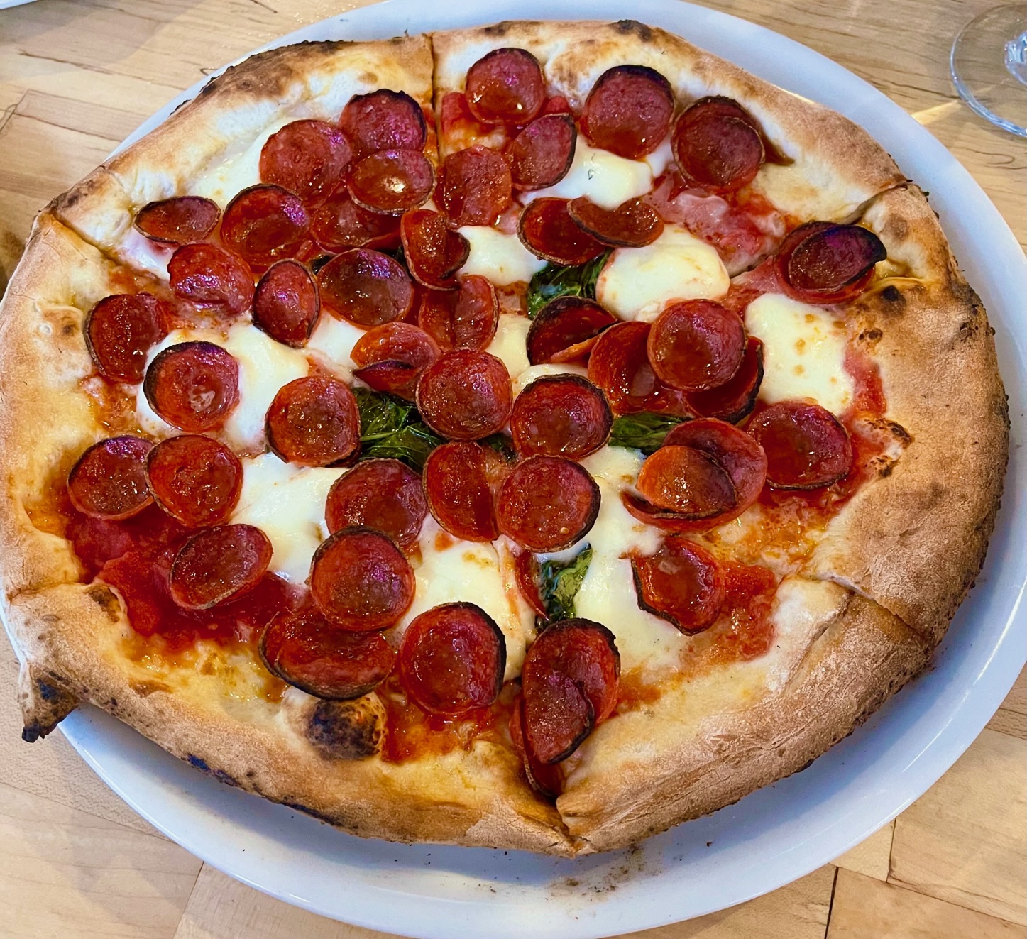 An overhead photo shows a pepperoni pizza from Pizzeria Antica with lots of pepperoni slices and a bit of bail hidden under the cheese. Photo by Stephanie Wheatley.