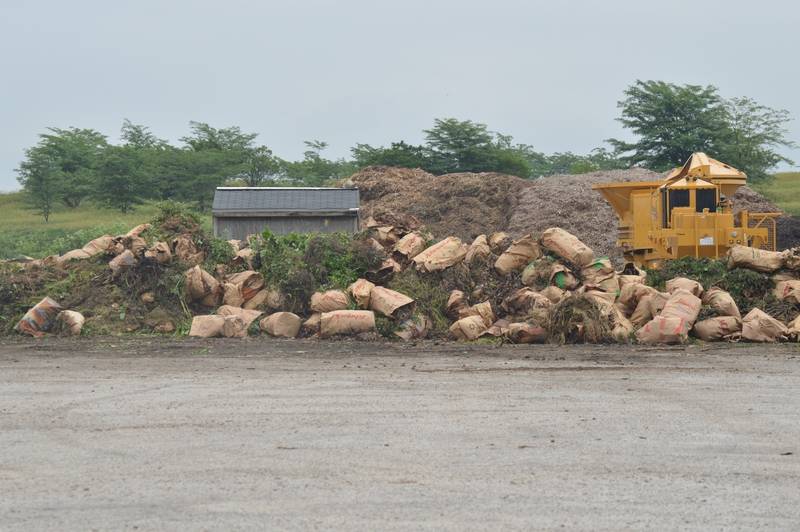 A large pile of paper lawn bags and debris at the back of a large lot.