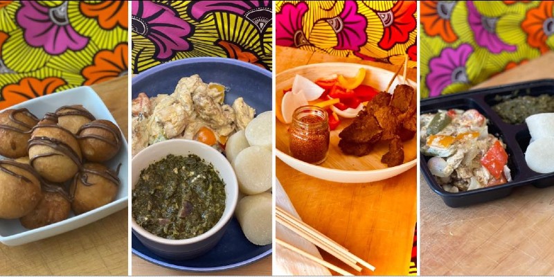 Four images of Congolese food in front of a brightly colored flower and graphic art have been stitched to form one long image. Photo from Mama Meta's Canteen.