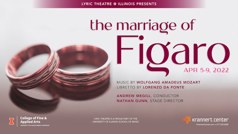 Poster for the Marriage of Figaro, with two wedding rings as the prominent background image. 