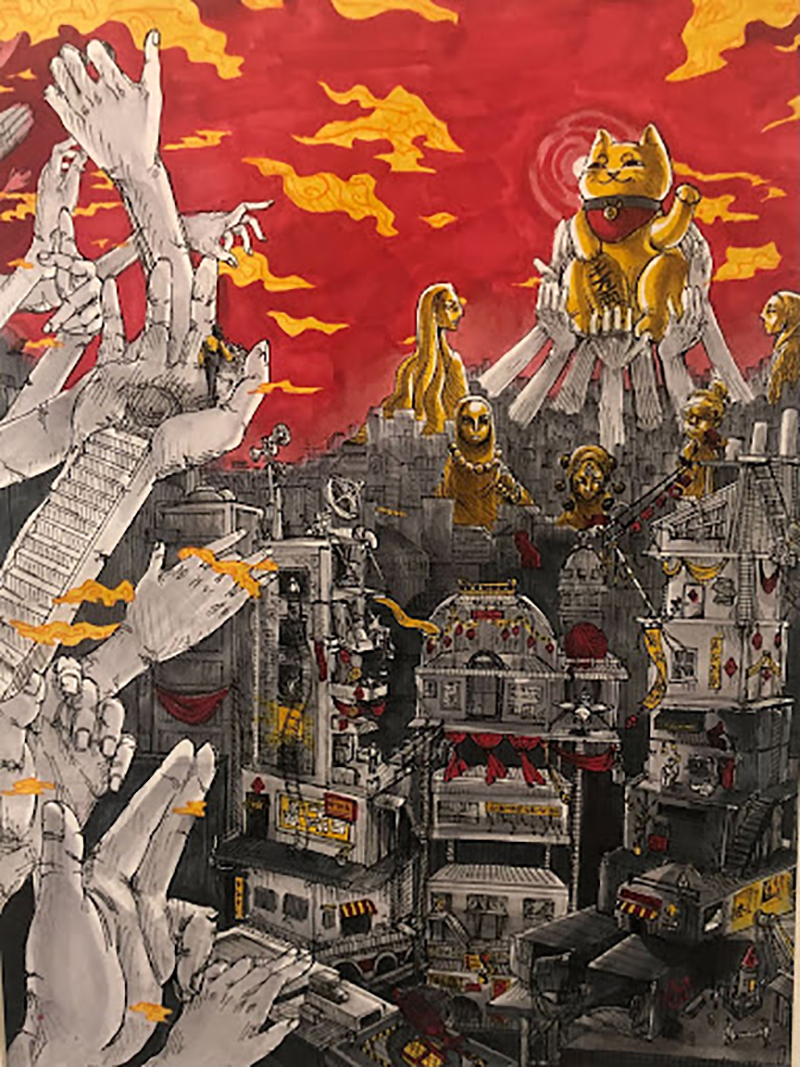 Colorful image in oranges and yellows of a rendering of Chinatown with multiple hands and arms extended towards a lucky cat.