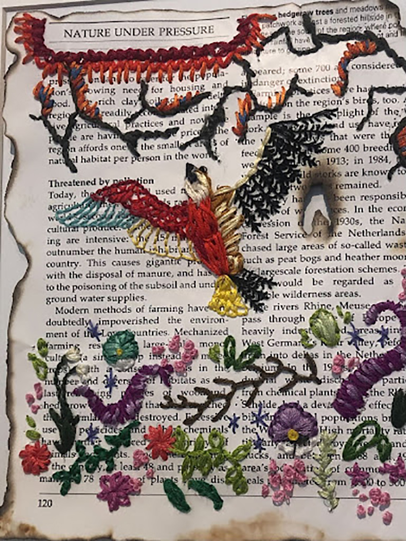 Colorful hand stitched embroidery in reds and greens on a book paper with the words NATURE UNDER PRESSURE viewable in the upper-left hand corner. 