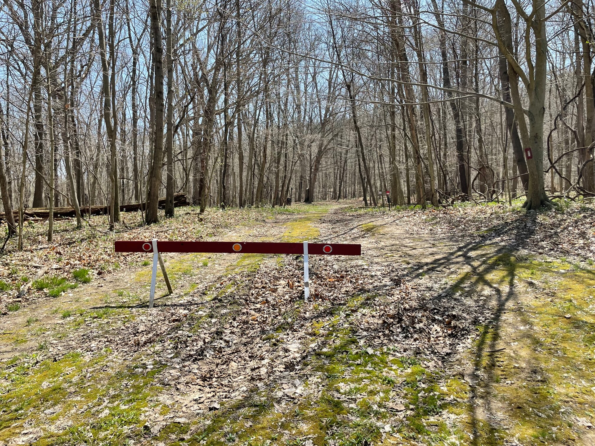 Photo of a red barricade with three small reflectors spanning a trail in the woods. There are trees on either side. Main colors are browns and greens.