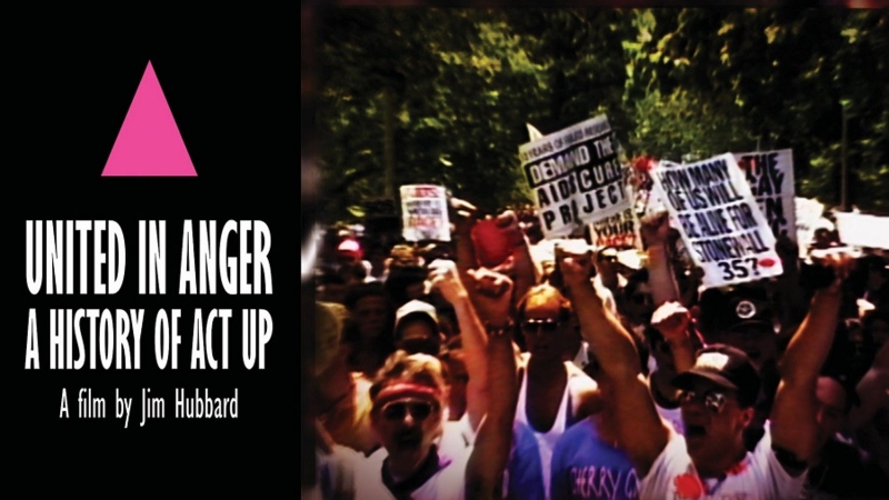 A graphic with a black background and pink triangle with the words United in Anger A History of ACT UP on one side, and a photo of a ground of people gathered together in protest. Some are holding signs in the air. Photo from Facebook event page. 