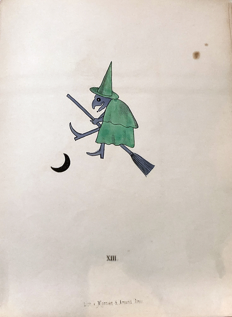 Illustration of a crow-like animal dressed as a witch atop a broomstick.