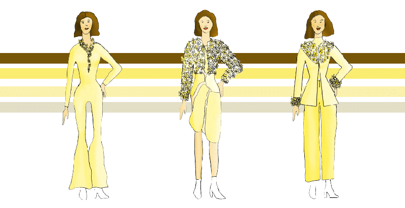 Digital concept drawings of yellow pant suits with various flower finishings.