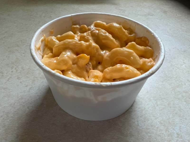 A small white cup filled with macaroni and cheese with large elbow macaroni and orange cheese. Photo by Julie McClure.