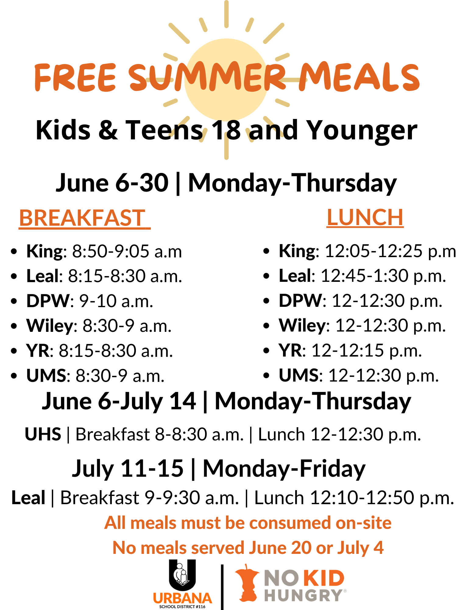 Graphic with times and locations for free breakfast and lunch provided to all children under age 18 by the Urbana School District. Image from the Urbana School District website. 