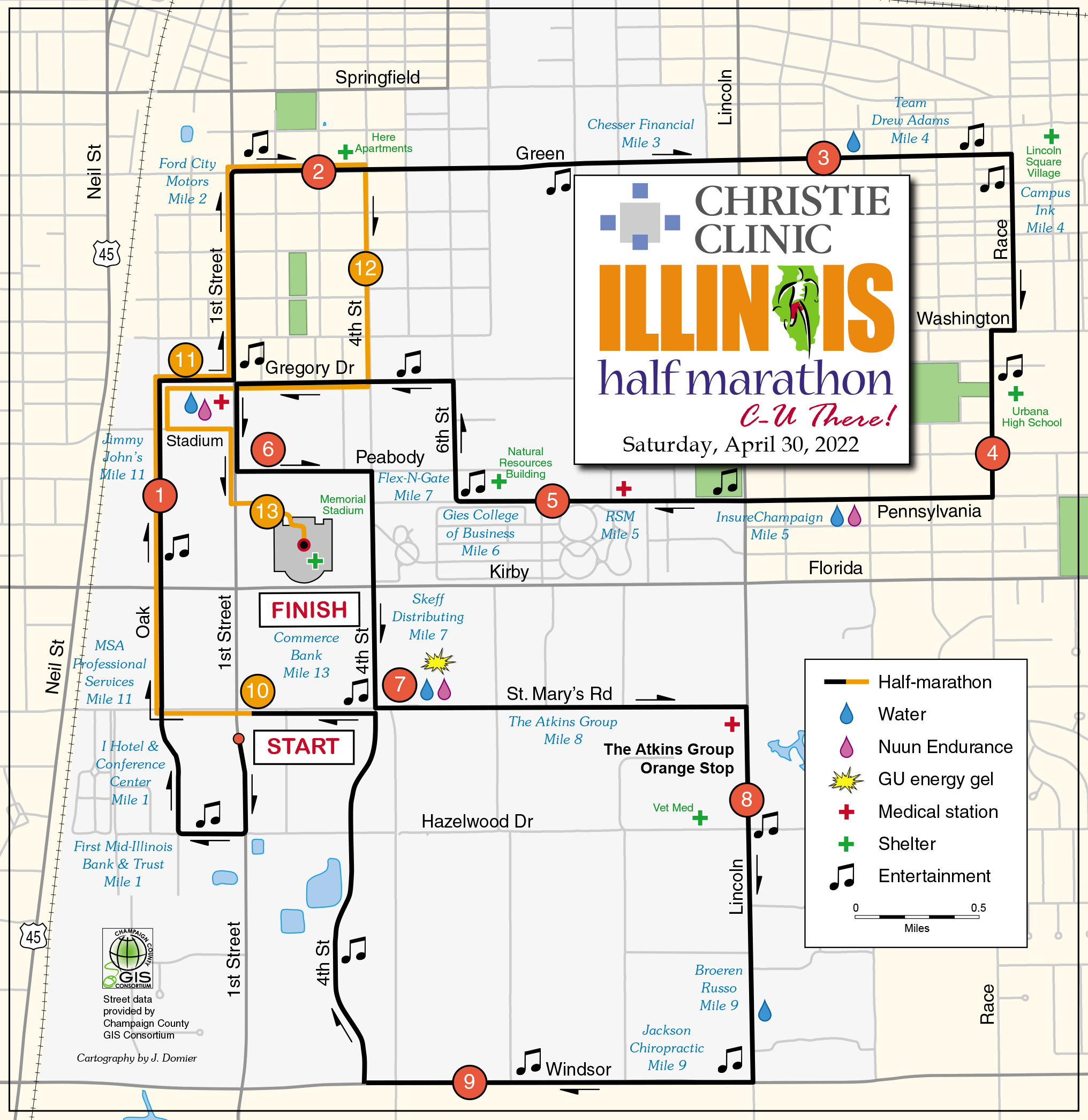 A graphic map of the route for the Christie Clinic Illinois Race Weekend half marathon. Photo from the Christie Clinic Illinois Race weekend website. 