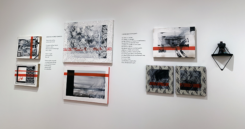 A series of black, white, and red mixed media work interspersed with poetry.