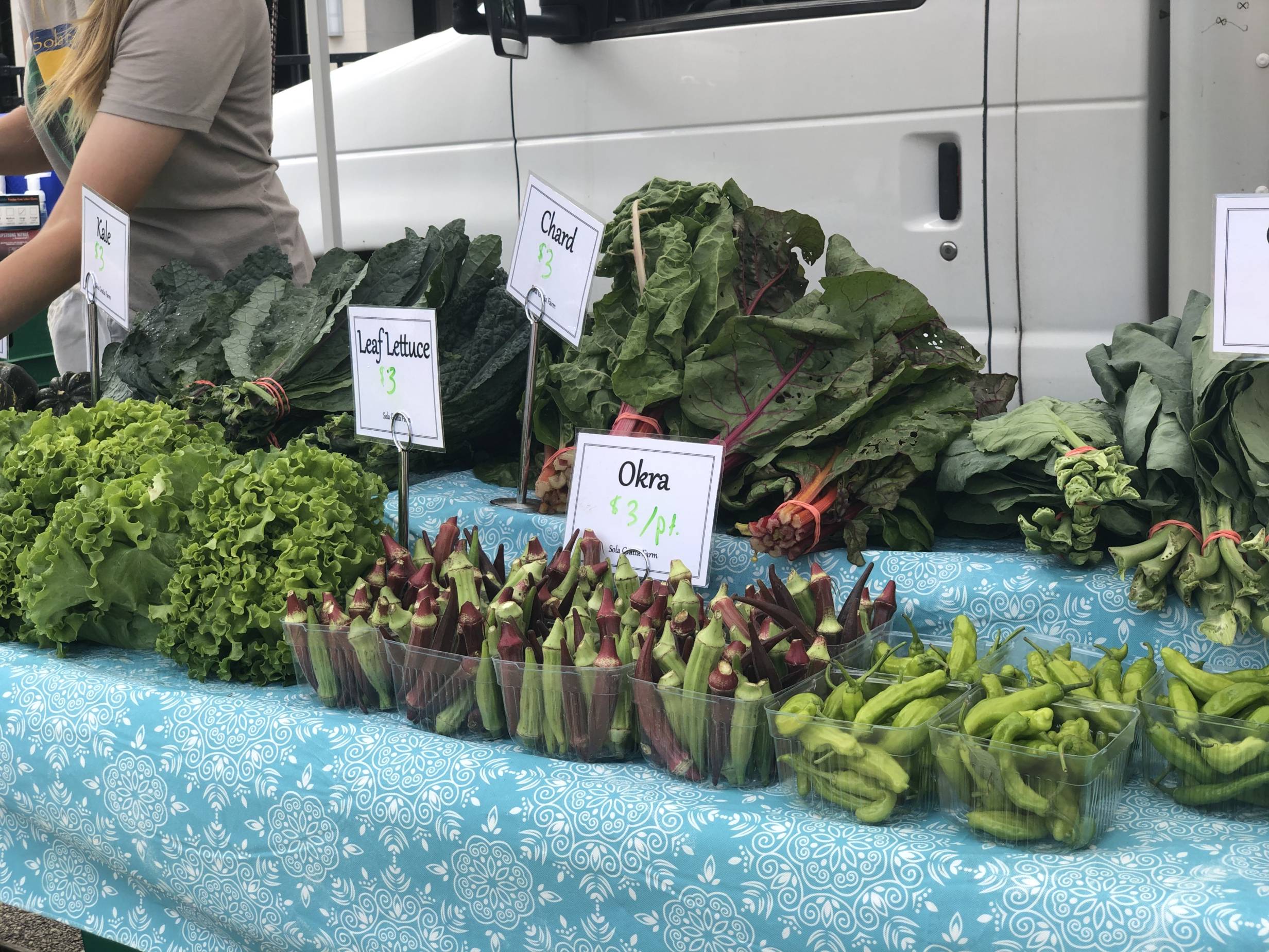 On a table with a light blue tablecloth, there are fresh veggies for sale in plastic square containers. Most of the veggies in the photo are okra.  Photo by Alyssa Buckley.