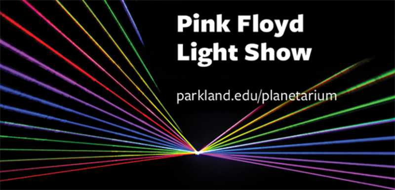 A graphic with black background and several lines of different colors shooting out from one point in the center. It says Pink Floyd Light Show in white block lettering. Image from Parkland website.