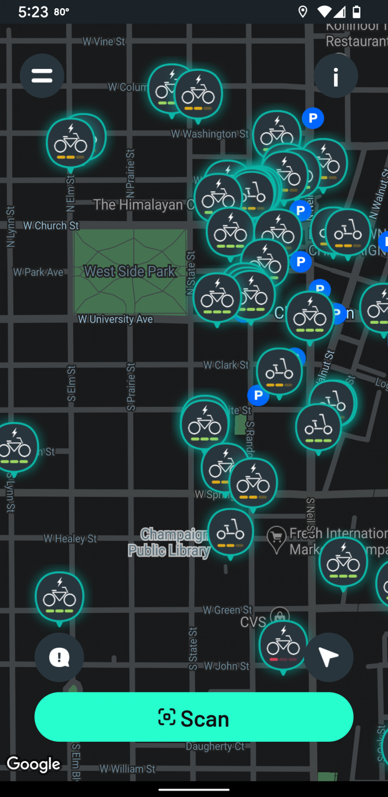 A section of a Google map with a black background and labeled streets. There are several icons on the map with a bicycle image. Image from Veo app.