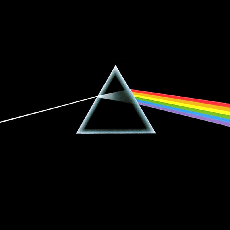 Album cover for Pink Floydâ€™s Dark Side of the Moon. A black background features a triangular prism in the middle. From the left, a white line moves into the prism. On the left, the white line leaves as a rainbow. Photo from the Staerkel Planetarium Facebook page.