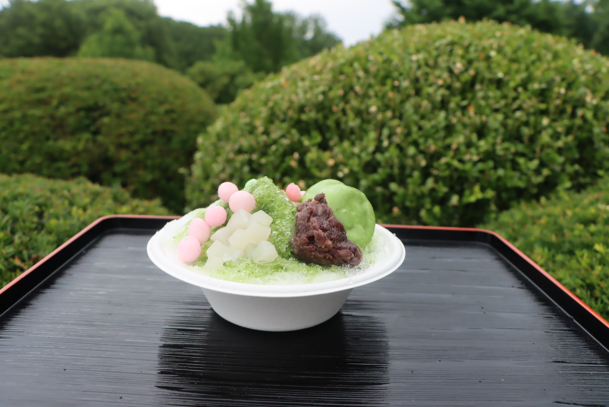 Photo of kakigoori, Japanese shaved ice, served in a white bowl. In the bowl appears to be matcha shaved ice, matcha ice cream, red bean paste, and tapioca balls. The bowl is on a table outside, with lush green bushes in the background. Photo courtesy of Japan House.
