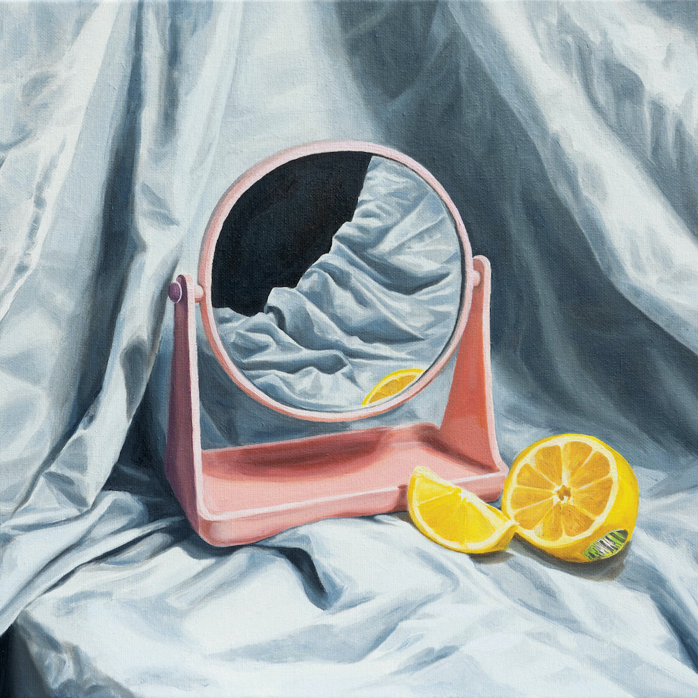 Painted album cover of No Shadow. A mirror sits on draped fabric, a lemon reflected in the mirror.