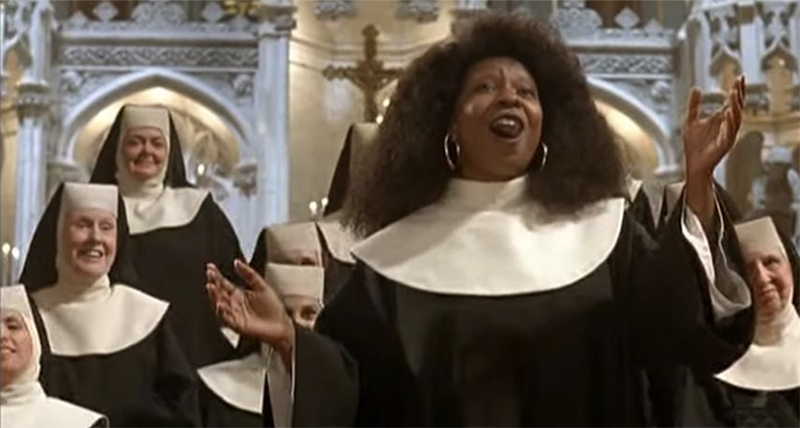 Scene from Sister Art with Whoopi Goldberg and others dressed as nuns.