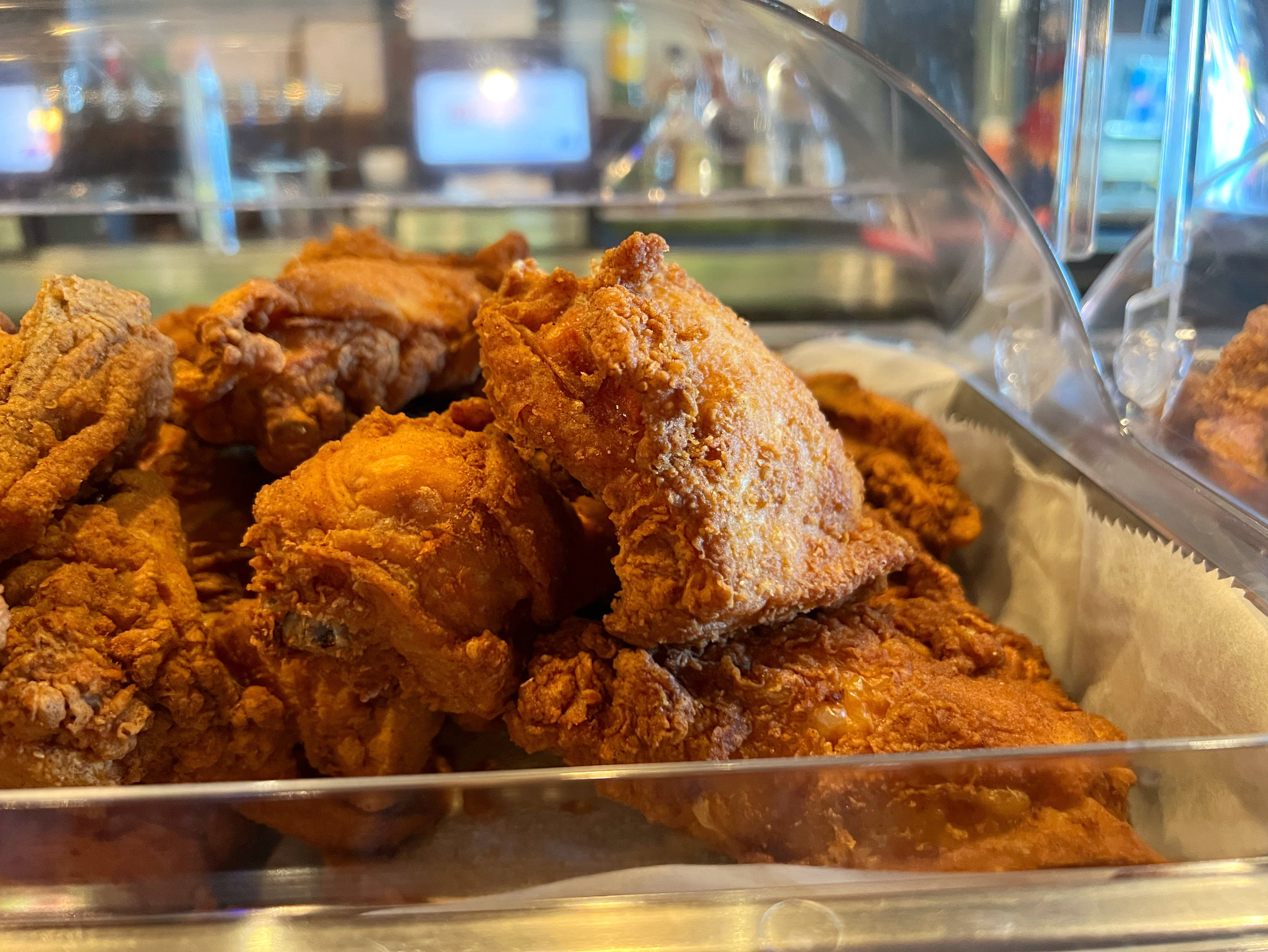 A close up of Neil St. Blues' fried chicken on the Sunday buffet line. Photo by Alyssa Buckley.