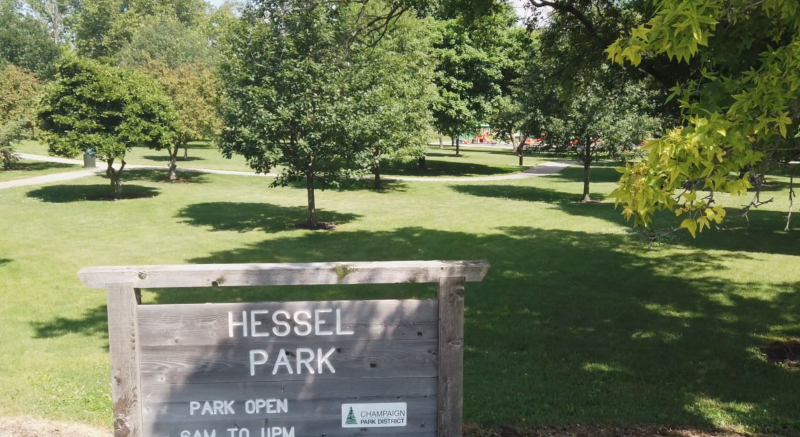 A brown wooden sign with Hessel Park in white letter is in the foreground, with a wide expanse of grass and several leafy green trees in the background. Photo by Tim Bailey.