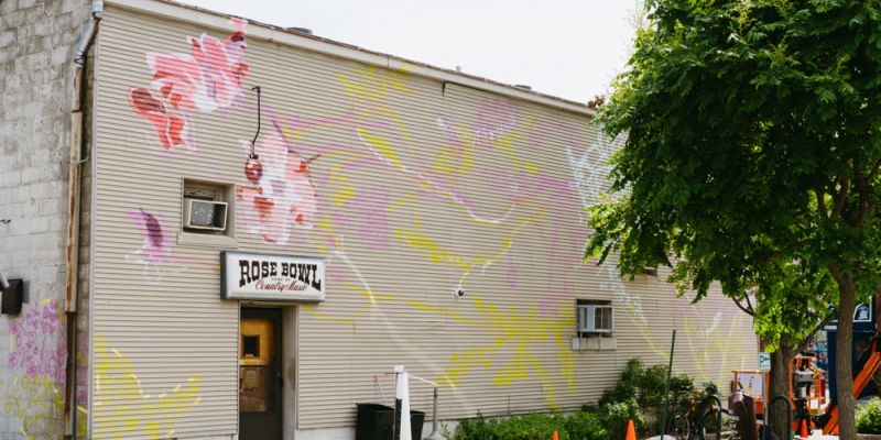 Photo of Kinsey Fitzgerald's Native Prairie Roses mural in process on the exterior wall of the Rose Bowl Tavern.