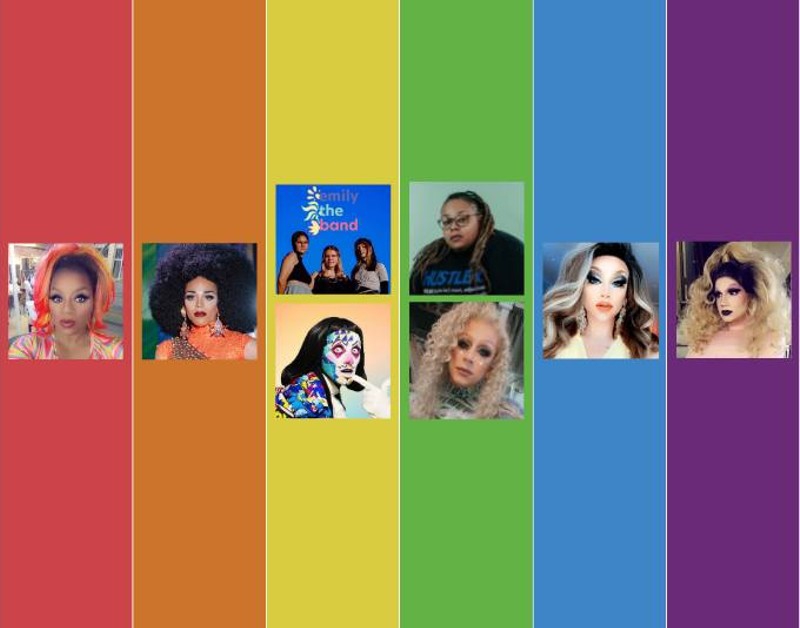 A graphic with vertical stripes in rainbow order. Each stripe has images of featured performers. Image from Facebook event page.