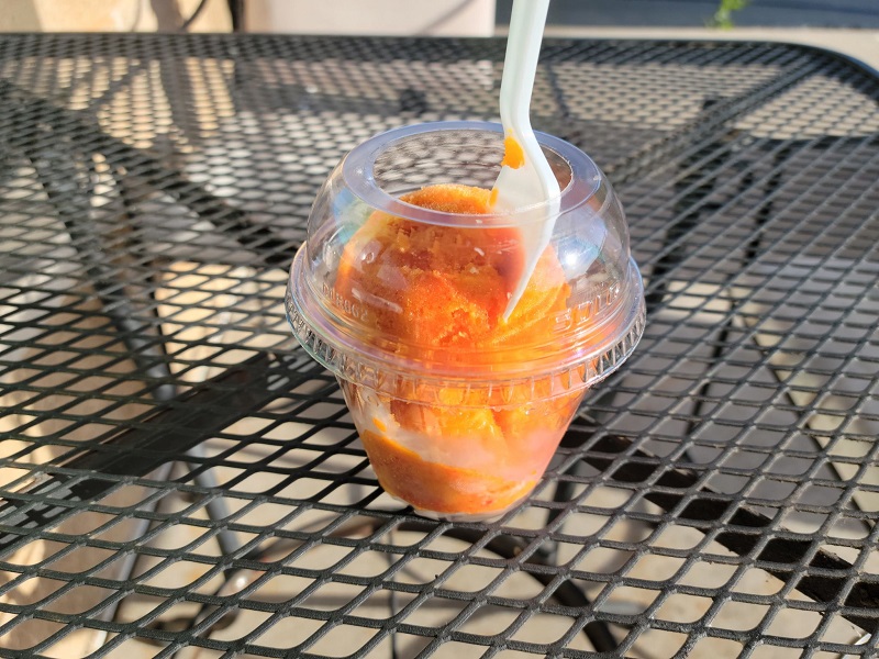 A cup of spicy mango ice cream on an outdoor table at El Oasis. Photo by Matthew Macomber.