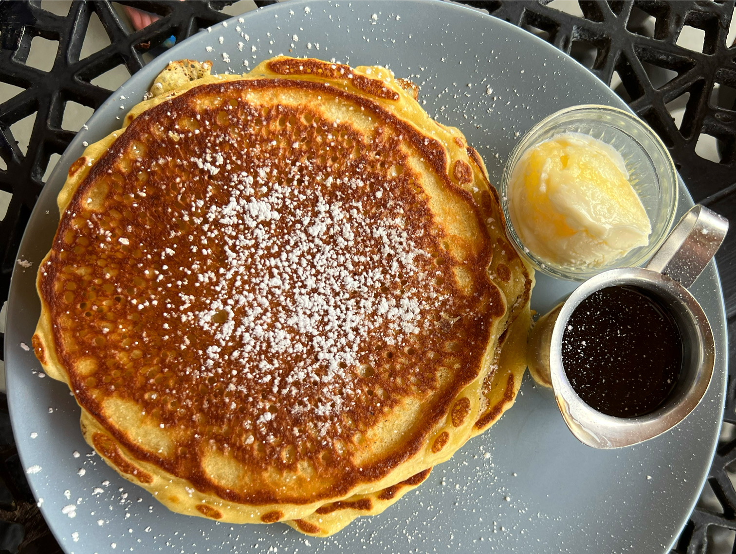 An overhead photo of hot cakes at Homegrown restaurant in Urbana, Illinois. Photo by Alyssa Buckley.