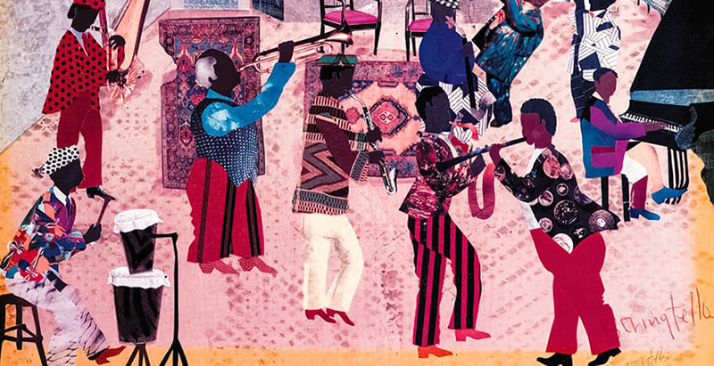 Image featuring Black musicians in bright and texture clothing against a multi-textured background.