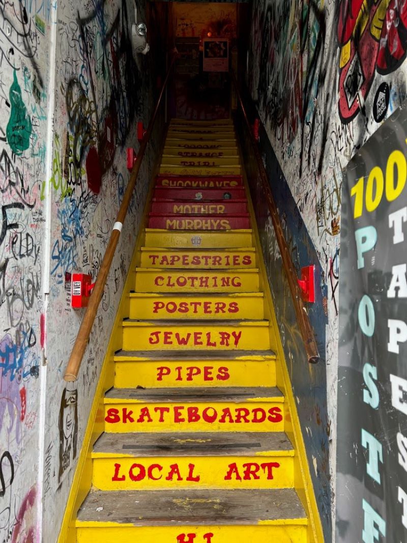 View from the bottom of a yellow staircase in a narrow hallway. There are red words painted on each step, and the walls of the hallway are covered in graffiti. Photo by Julie McClure.