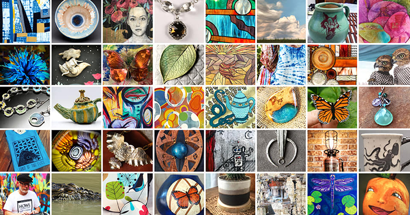 Photo mosaic of 40 photos of paintings, jewelry, ceramics, and ,ore. 