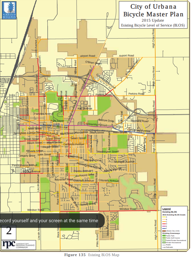 A road map of Urbana, with color coding indicating the safety of bicycle riding on streets. Image from Urbana Bicycle Master Plan.