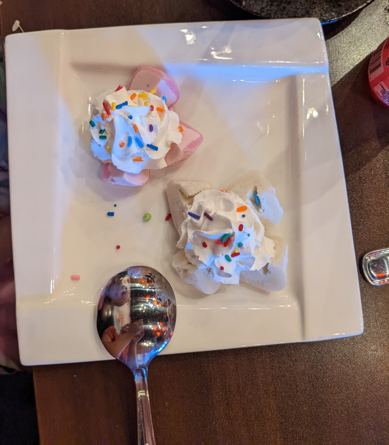 Two pieces of mochi ice cream sit on a white square plate. Each piece has a swirl of whipped cream topped with colorful sprinkles. Photo by Caitlin Aylmer.
