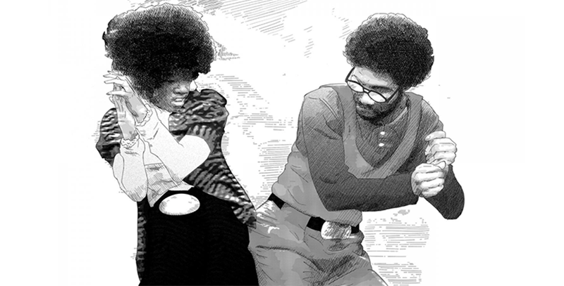 Black and white glicee print featuring a Black woman and man dancing the bump dressed in 70s style clothes are sporting afros.