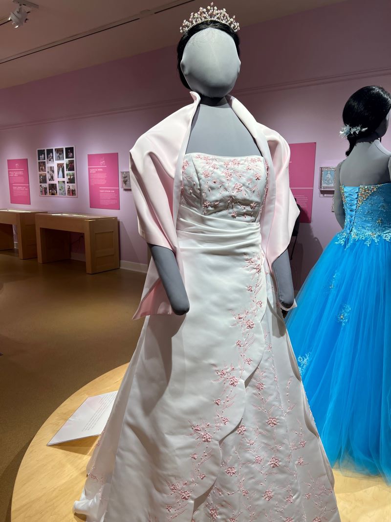 A mannequin is wearing a white strapless formal dress with pink flower details, with a pink satin shawl over the shoulders. Photo by Julie McClure.