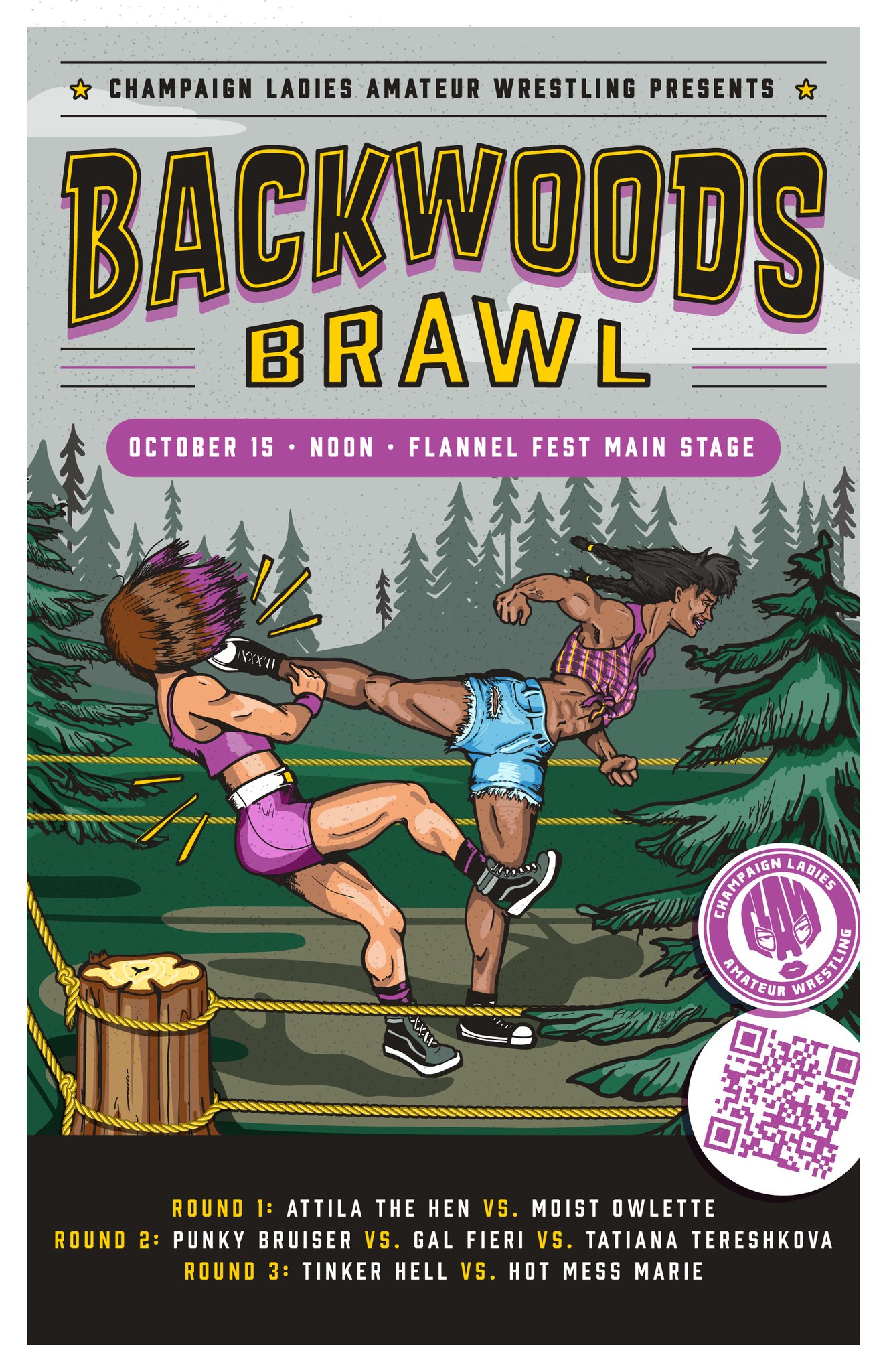 Illustrated poster for CLAW's Backwoods Brawl. On the right, a brown-skinned woman is giving a roundhouse kick to a white-skinned woman. They are in a forest-like setting. There is text with the lineup of matches below the illustration. Image from the CLAW Facebook page. 