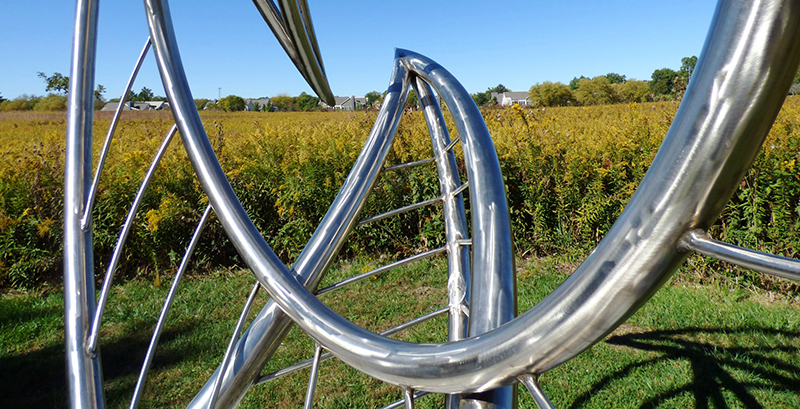 Close up of chrome sculpture amid the autumn colors at Meadowbrook Park in Urbana.